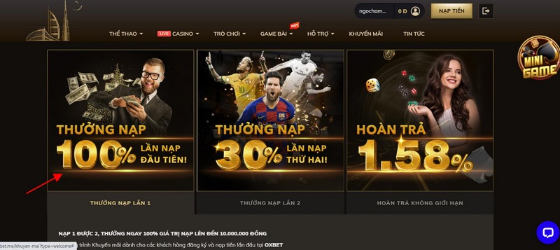 Nạp tiền lần đầu sẽ được tặng ngay 100% giá trị