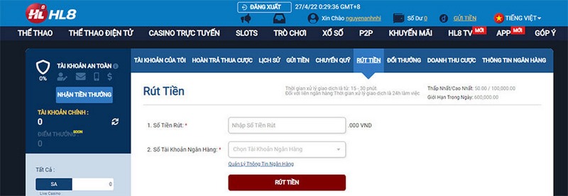 Cách rút tiền tại sân chơi vô cùng đơn giản