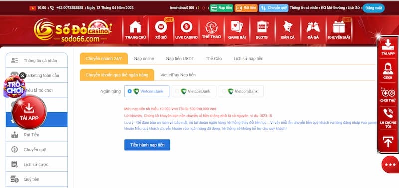 Cách nạp tiền tại nhà cái Sodo66 diễn ra siêu nhanh chóng