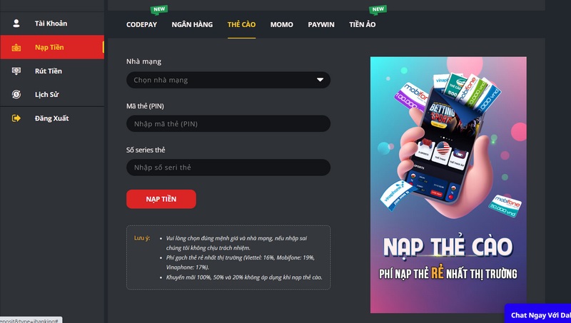 Nạp tiền vào nhà cái Dabet qua thẻ cào