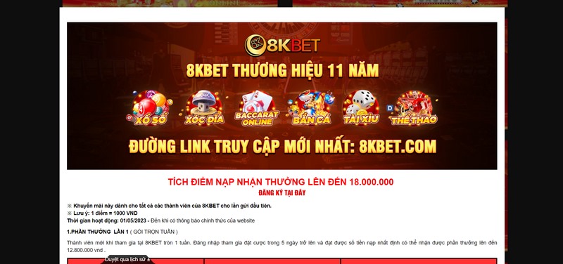 Tích điểm nạp lần đầu người chơi nhận khuyến mãi 8KBet 18 triệu