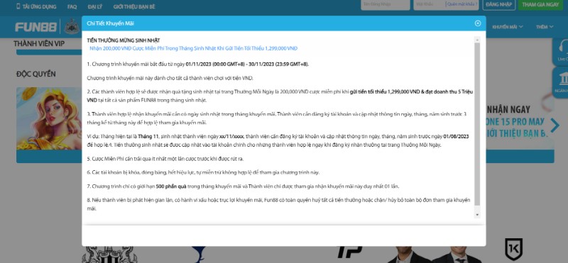 Quà thưởng mừng sinh nhật các thành viên của Fun88