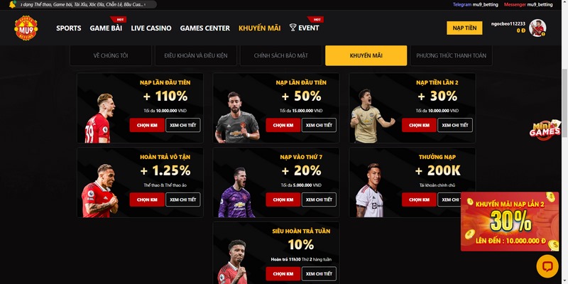 MU9 hoàn trả lên đến 10% cho Sports, E-Sports, Virtual Sports